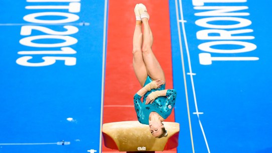 Ellie Black performs the vault during her gold medal performance at the Pan Am Games on July 13, 2015.