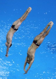 Philippe Gagne and Francois Imbeau-Dulac of Canada win Silver in the Men's 3m Synchro Final. Photo by Vaughn Ridley.