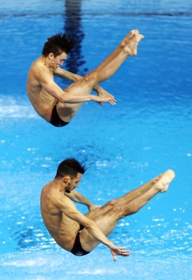 Philippe Gagne and Francois Imbeau-Dulac of Canada win Silver in the Men's 3m Synchro Final. Photo by Vaughn Ridley.