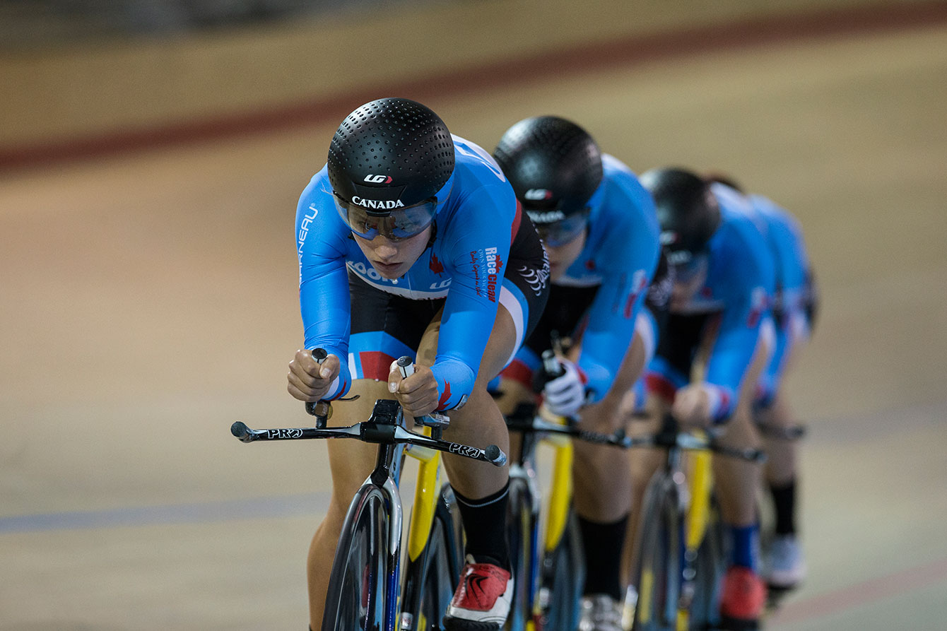 Jasmin Glaesser (Olympian, cycling) leads women's team pursuit demonstration at the Milton Velodrome on June 1, 2015.