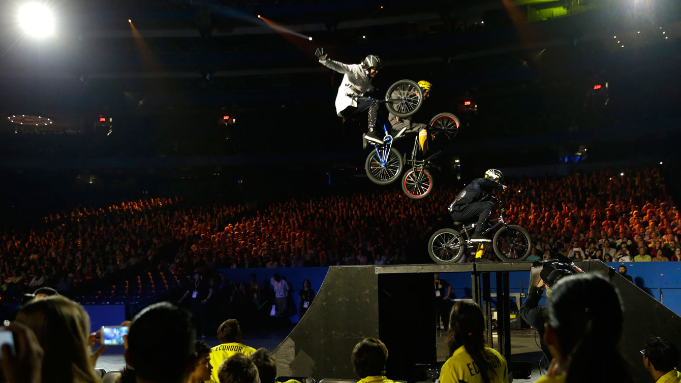 Stunt cyclists entertain onlookers at the Pan Am Games Opening Ceremony  on July 10, 2015. 