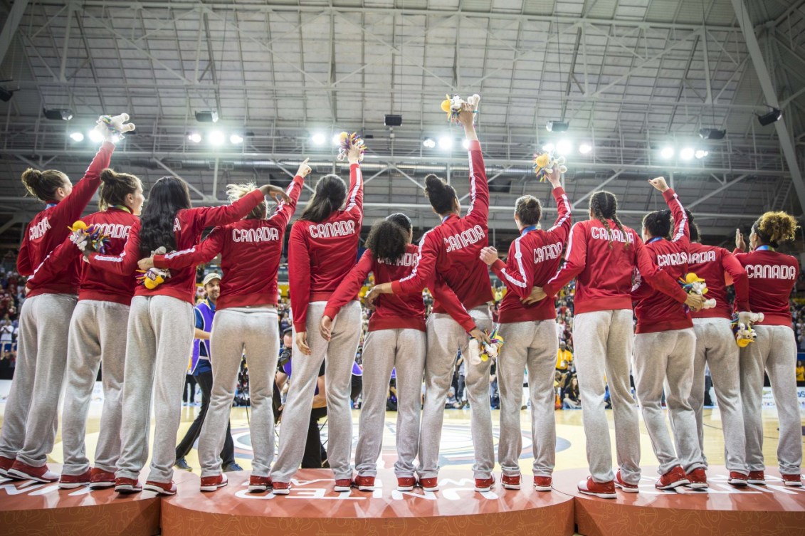 Canada's women's basketball team moments after receiving their gold medals (COC photo by David Jackson). 
