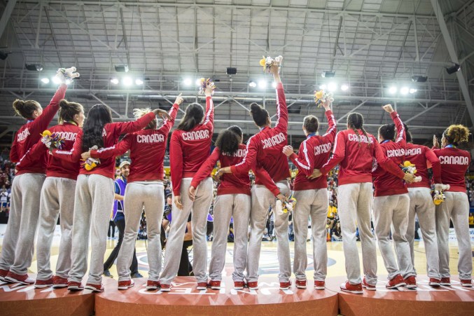 Canada women's basketball - TO2015 Canada's women's basketball team moments after receiving their gold medals (COC photo by David Jackson).