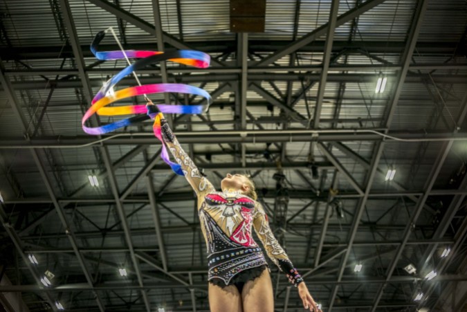 Rhythmic gymnastics - TO2015 The ribbon competition during rhythmic gymnastics (COC photo by David Jackson).