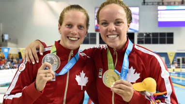 Kierra Smith (right) gold medallist and Martha McCabe (left) silver medallist in the women's 200m breaststroke.