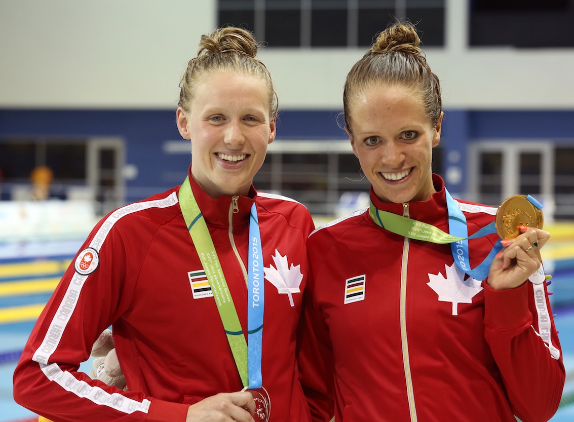 Hilary Caldwell (right) and Dominique Bouchard (left) take gold and silver in the 200m Backstroke at TO2015.