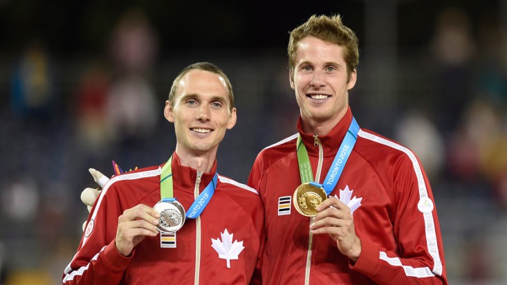 Derek Drouin, Mike Mason Derek Drouin (right) and Mike Mason (left) celebrate gold and silver after the men's high jump final at the 2015 Pan Am Games on July 25, 2015. (THE CANADIAN PRESS/Frank Gunn)