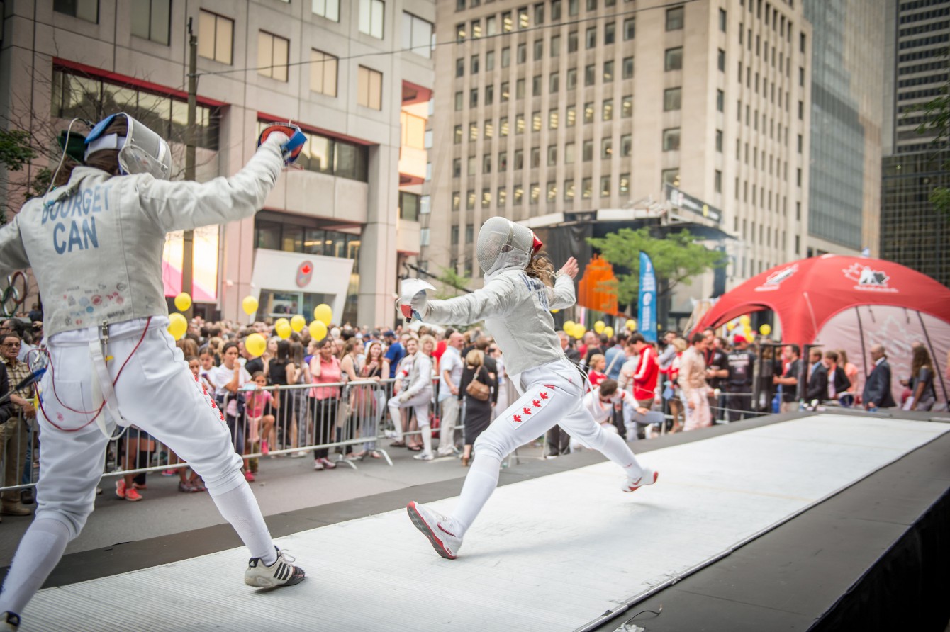 Fencing, one of the several demonstration sports on display at Canada Olympic Excellence Day on July 9, 2015 in Montreal.
