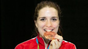 Gabriella Page celebrates a Bronze medal in Women's Sabre at the Pan-American Championships