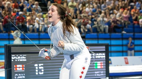 Gabriella Page Gabriella Page celebrates a win in Women's Sabre competition