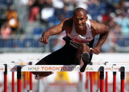 Damian Warner - TO2015 Damian Warner wins the hurdles before taking the decathlon gold in Canadian and Pan Am Games record-breaking fashion (COC photo by Greg Kolz).