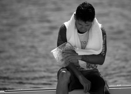 Jaret Llewellyn - TO2015 Jaret Llewellyn, 45, ices his elbow before finishing second in men's waterskiing and winning his 10th career Pan Am Games medal (COC photo by Greg Kolz).