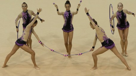 Team Canada performs in Rhythmic Gymnastics at the Pan American Games in Toronto, July 18, 2015. Photo by Jason Ransom