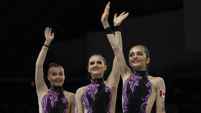 Women's Rhythmic Gymnastics Team Team Canada competes in the Group Hoops + Clubs competition