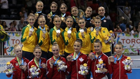 Women's Rhythmic Gymnastics Medalists Team Canada wins the bronze medal in the Group Hoops + Clubs competition