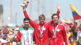 Medalists, from left Ignacio Prado of Mexico, silver, Hugo Houle of Ste-Perpetue, Que, gold and Sean MacKinnon of Hamilton, Ont.. bronze, in the cycling time trial at the Pan American Games
