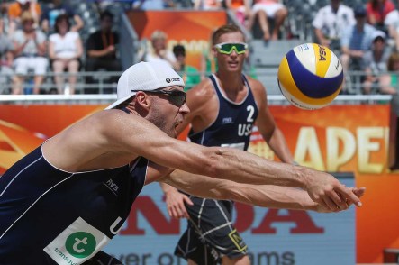 Jacob Gibb of the United States digs a ball during their match against Binstock and Schachter. (Photo: FIVB)