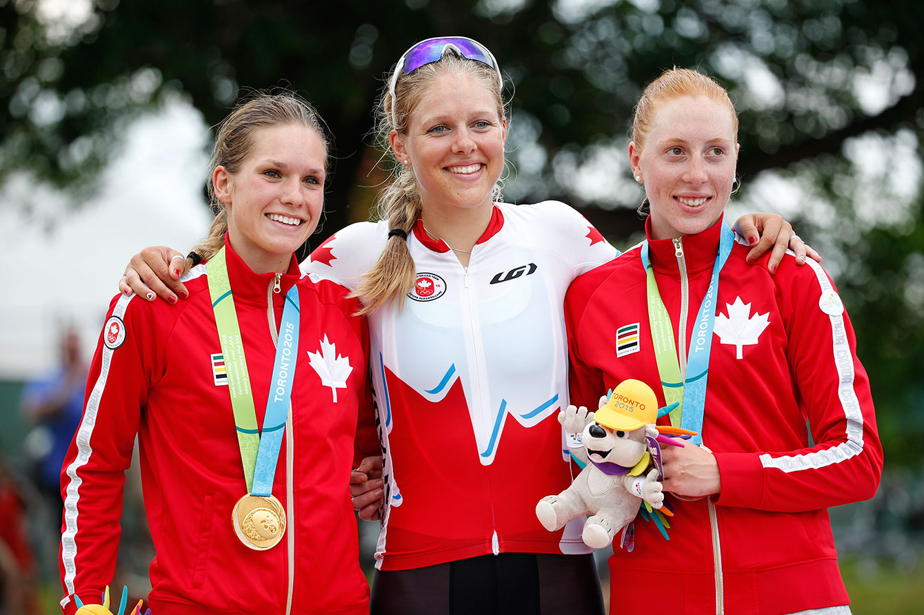 The Canadian road race team from left, Jasmin Glaesser, gold medallist, Kirsti Lay, and Allison Beveridge, bronze medallist.