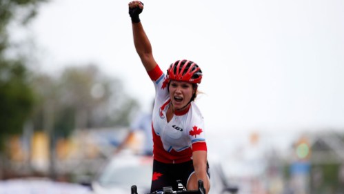Jasmin Glaesser Jasmin Glaesser lets out a massive yell after crossing the line for TO2015 gold int he women's road race on Day 15.