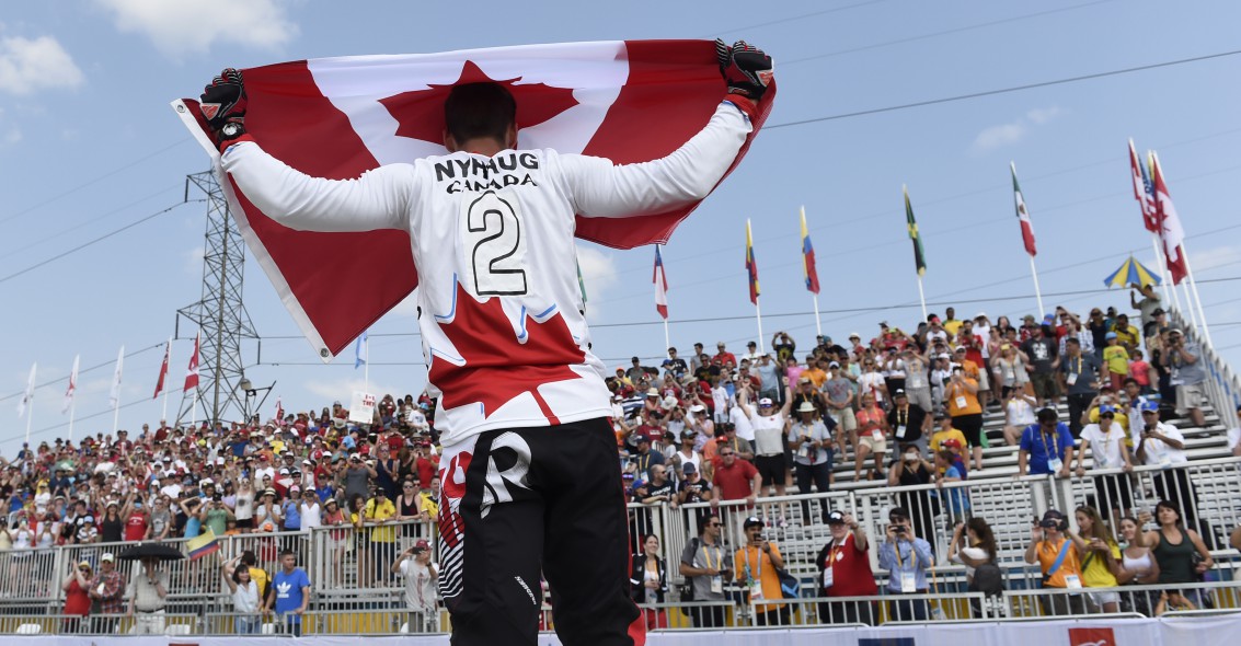 Tory Nyhaug of Canada wins the Gold Medal in Men's BMX