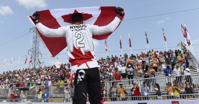 Tory Nyhaug of Canada wins the Gold Medal in Men's BMX