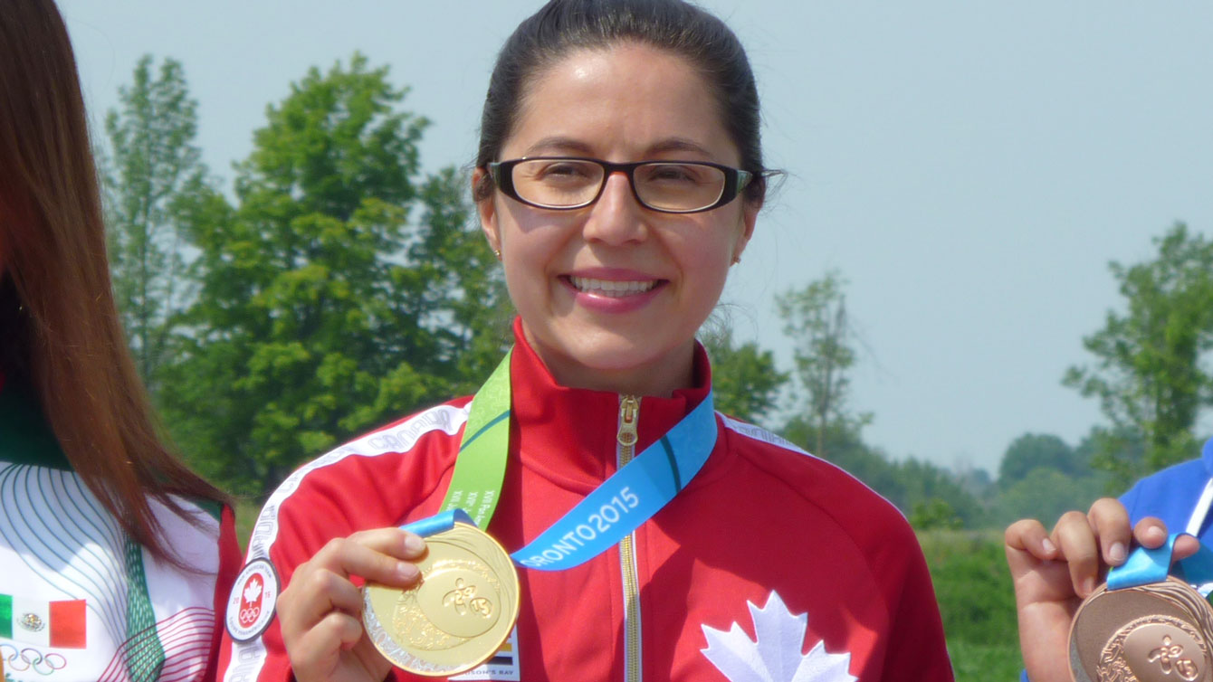 Lynda Kiejko with her 10m air pistol shooting gold medal at the Pan American Games on July 12, 2015. 