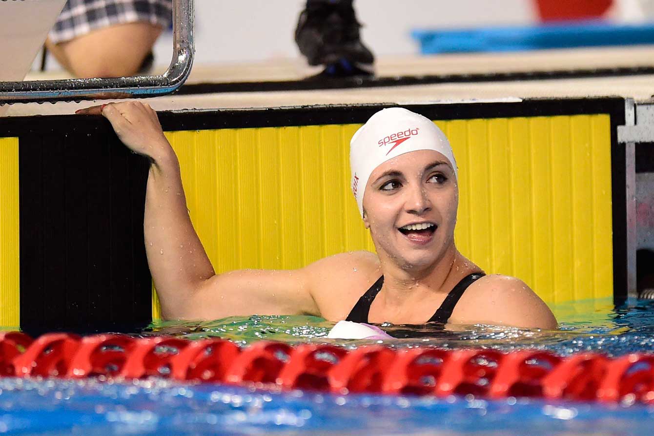 Canada's Audrey Lacroix reacts to her 200m butterfly win at TO2015.