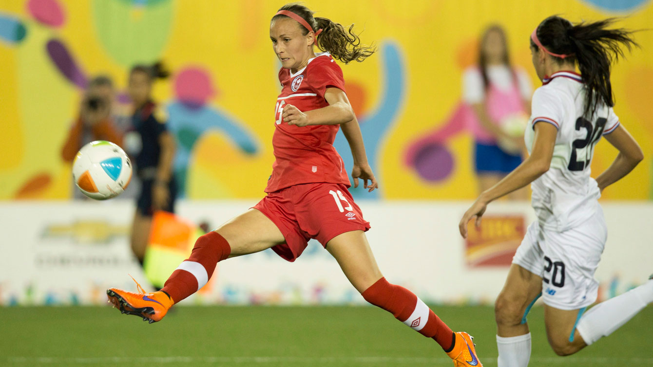 Canada's Maria Levasseur (left) against Costa Rica in Pan Am Games women's football on July 15, 2015. 
