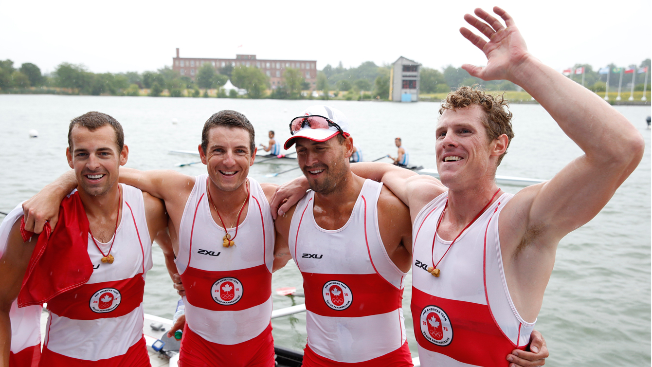 Matthew Buie, Julien Bahain, Rob Gibson and Will Dean (left to right) after winning gold in men's quadruple sculls at the Pan Am Games July 14, 2015.