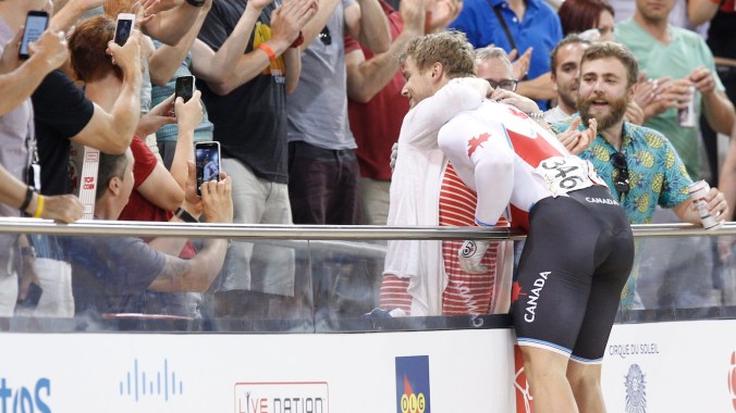 Canada's Hugo Barrette celebrates Gold in the Men's Sprint at Pan Am Games in Toronto Saturday, July 18, 2015.