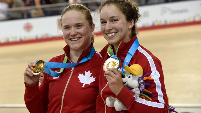 Kate O'Brien (left) and Monique Sullivan after winning gold in the women's team sprint at Pan Am Games track cycling event on July 16, 2015.