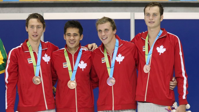 Canada takes the bronze medal in the men's 4x100 m Medley Relay