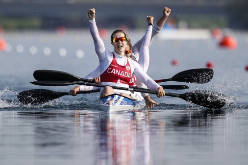 Women's K4 500m - TO2015 Michelle Russell, Emilie Fournel, KC Fraser and Hannah Vaughan won Team Canada's first medal (a gold) of TO2015 (COC Photo by Michael P. Hall).