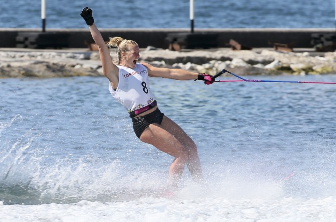Whitney McClintock - TO2015 Whitney McClintock of Cambridge, Ontario takes the gold medal in slalom waterskiing at the Pan American Games in Toronto, Tuesday, July 21, 2015 (Photo by Mike Ridewood/COC).