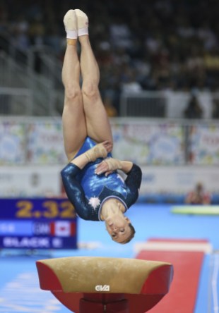 Ellie Black - TO2015 Ellie Black of Halifax, Nova Scotia jumps to the bronze medal in vault in artistic gymnastics competition at the PanAmerican Games in Toronto, Tuesday, July 14, 2015 (Photo by Mike Ridewood/COC).