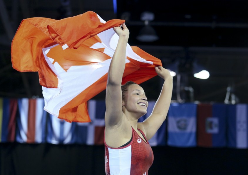 Braxton Stone-Papadopoulos - TO2015 Braxton Stone-Papadopoulos of Pickering, Ontario celebrates her gold medal victory in the freestyle wrestling finals of the Pan American Games in Mississauga, Ontario, Friday, July 17, 2015 (Photo by Mike Ridewood/COC).