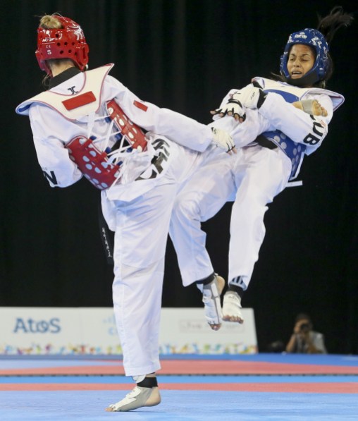 Evelyn Gonda - TO2015 Evelyn Gonda (red) of Maple Ridge, B.C. lost to Yamicel Nunez of Cuba in Taekwondo semifinals at the Pan American Games in Mississauga, Ontario Monday, July 20, 2015 (Photo by Mike Ridewood/COC)