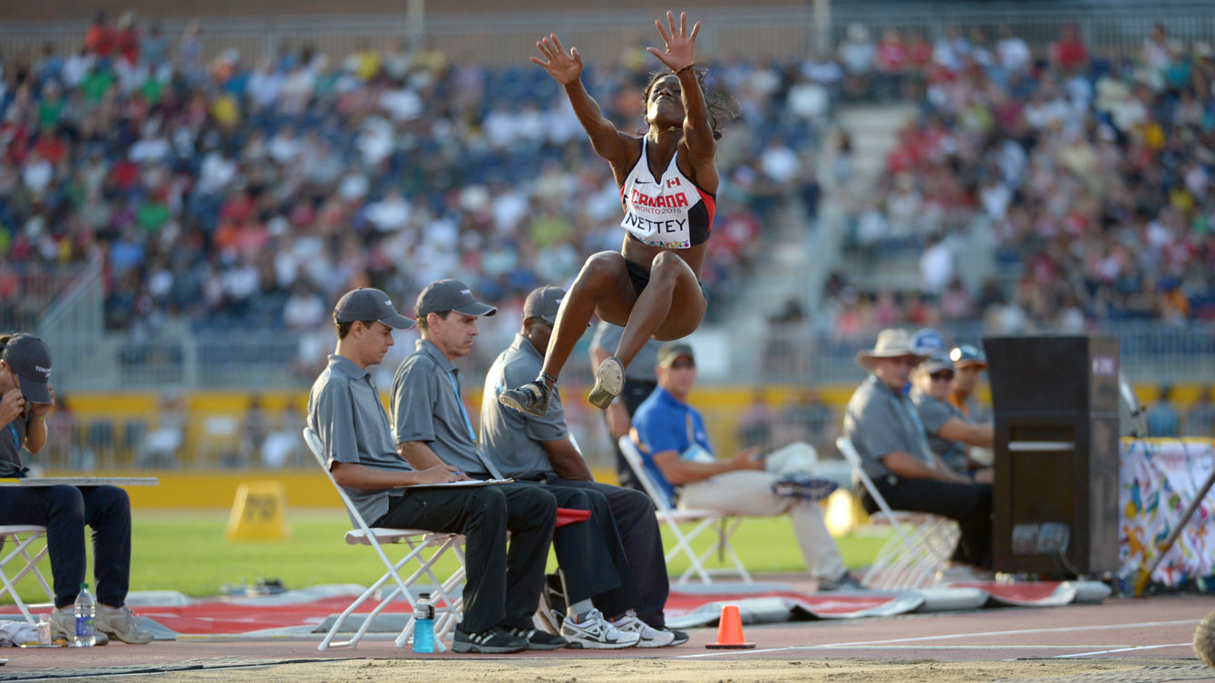 Christabel Nettey takes off at the Toronto 2015 Pan American Games in the long jump on July 24, 2015. 