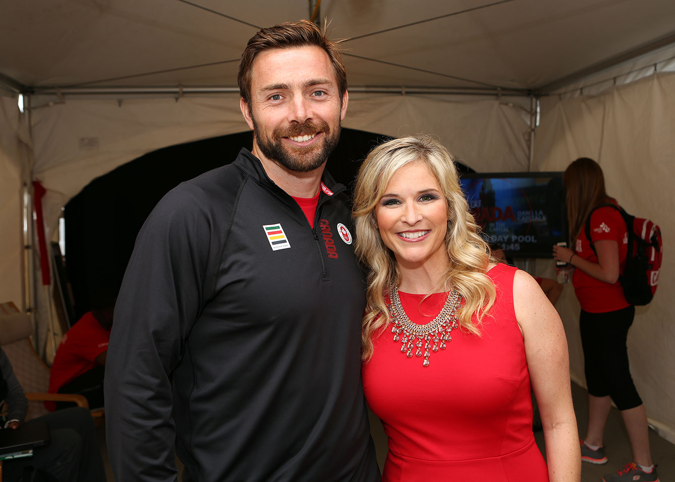 Backstage at Canada Day celebration on Parliament Hill, Mark Oldershaw with Olympic curling champion from Sochi 2014, Jennifer Jones, on July 1, 2015 (Greg Kolz for Canadian Olympic Team).