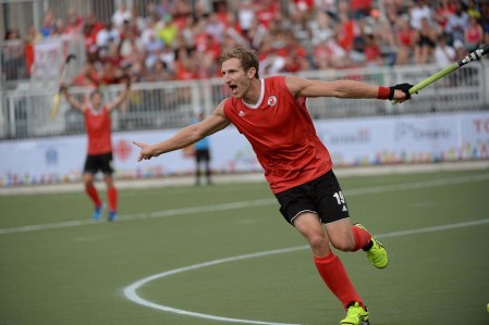 Canada's Mark Pearson celebrates after scoring a goal against Brazil.