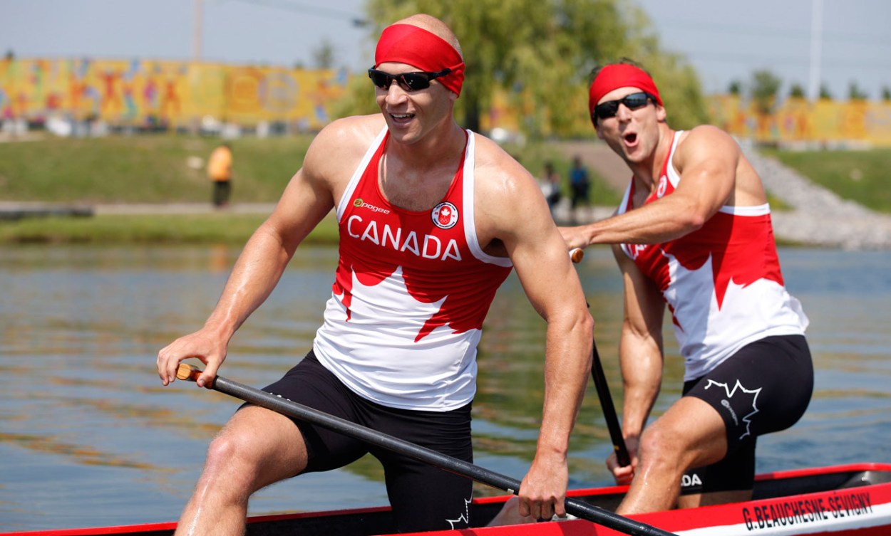 Gabriel Beauchesne-Sévigny and Benjamin Russell celebrate their gold in the C-2 1000m. (Photo: Michael Hall)