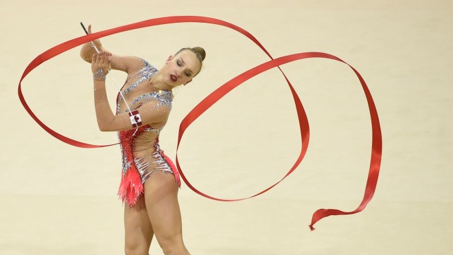 Patricia Bezzoubenko performs in the Individal All-Round Competition (Rhythmic Gymnastics) at the Pan American Games in Toronto, July 18, 2015. Photo by Jason Ransom