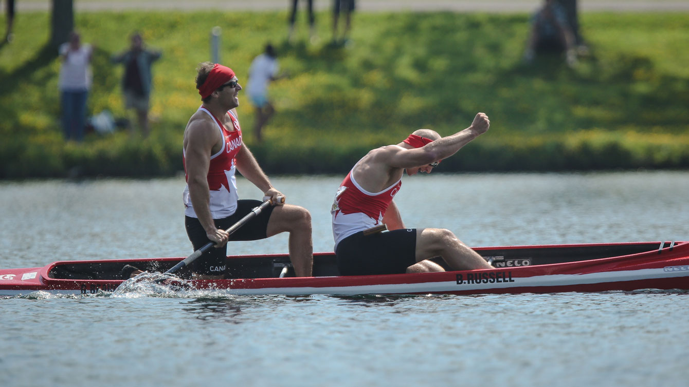 Benjamin Russell and Gabriel Beauchesne-Sevigny celebrate winning Pan Am Games gold in C-2 1000m on July 13, 2015.