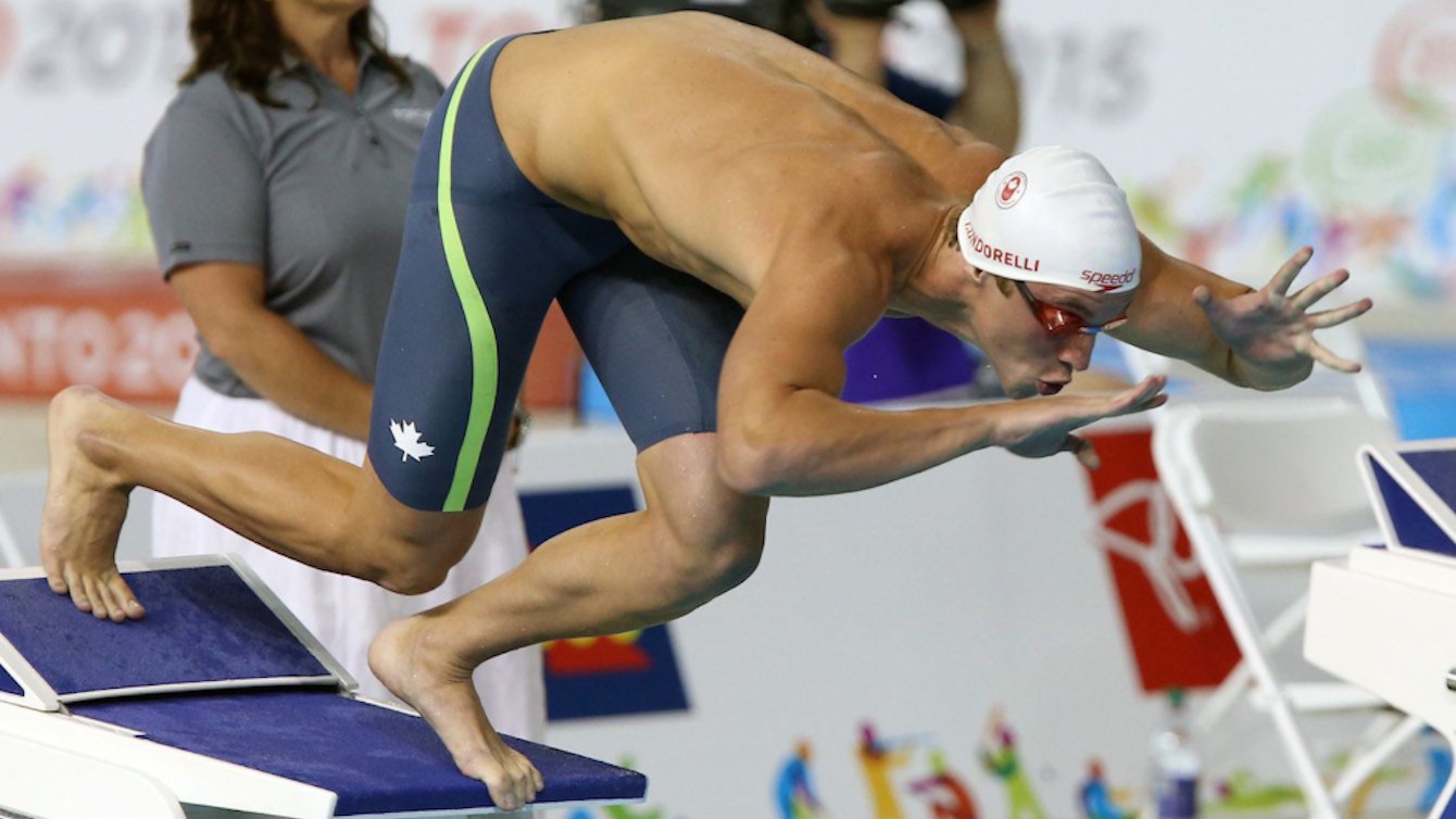 Santo Condorelli during the men's 100m freestyle at the Pan Am Games. He won four swimming medals at TO2015.