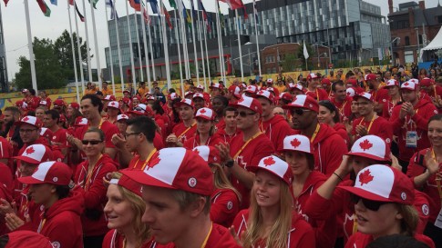 Team Canada at TO2015 athletes' village ceremony on July 8, 2015. Athletes out in force with the Hudson's Bay Team Canada ball caps.
