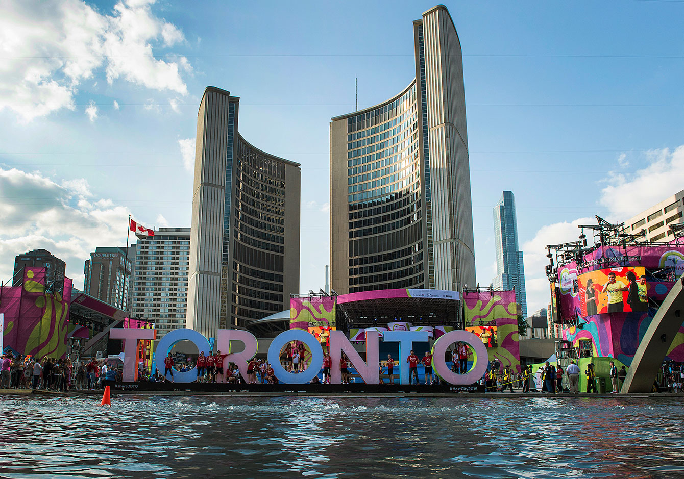 The new unveiled "Toronto" sign in front of City Hall at Nathan Philipps Square, where there will be nightly medal celebrations and parties (Photo: Jason Ransom/COC).