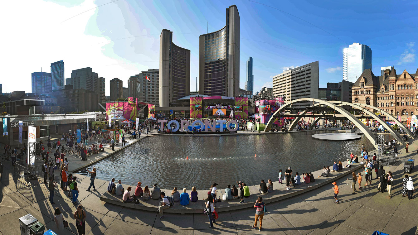 A wider look at Nathan Phillips Square on July 9, 2015,  at Nathan Philipps Square, where there will be nightly medal celebrations, concerts and parties during TO2015 Pan Am Games (Photo: Jason Ransom/COC). 