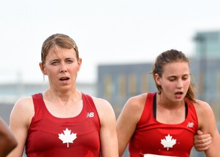 Modern pentathlon - TO2015 Donna Vakalis (left) and Hillary Elliot in the modern pentathlon at Pan Am Games (COC Photo by Jason Tse).