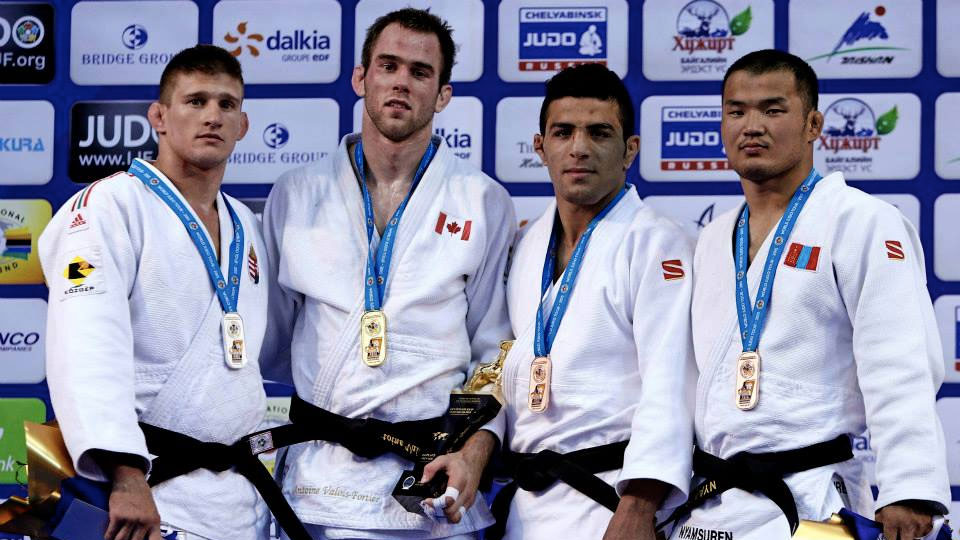 Antoine Valois-Fortier (second from left) is golden in Ulaanbaatar, Mongolia on July 4, 2015  (Photo: IJF Media by G. Sabau). 
