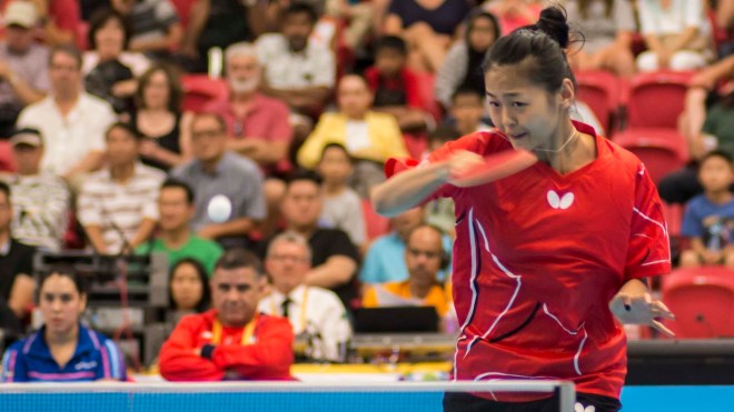 Mo Zhang returns a serve in the game against Chile July 20, 2015. The Canadian women's team goes on to win bronze.